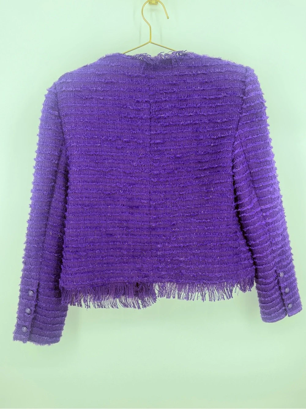 L’Agence Purple Tweed Fringe Jacket Blazer Wool Blend Womens Size 8 Open Front - Picture 8 of 8